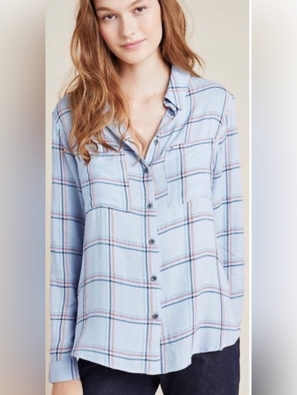 Anthropologie Pilcro Light Blue Plaid Button Shirt with Pink & Teal Accents
